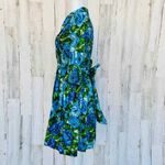 Newport News Dress Womens 4 Blue Green Watercolor 3/4 Sleeve Tie Button Front Photo 3