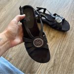 Strictly Comfort Black Leather Strappy Sandals Women 7.5 Low Wedge Shoes Comfort Photo 4