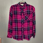 BeachLunchLounge Beach Lunch Lounge Pink Plaid Button Up Long Sleeve Blouse Photo 2