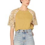 Sandro Paris Embroidered Sleeve Classic Tee T-Shirt Mustard White 3 US Large Photo 0