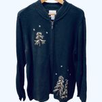 Breckenridge Vintage Christmas Sweater Cardigan Zip Trees 1X Embroidered Black Green Photo 4
