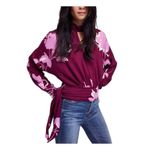 Free People Small Top Burgundy Floral Mock Neck Long Sleeve Choker V Neck 1043 Photo 8
