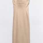 ZARA Halter Open Back Bodycon Dress Split Midi beige camel Small NWOT Photo 0