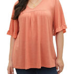 Bloomchic Solid Gathered Ruffle Trim Flounce Sleeve T Photo 0