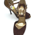 NWT Alfani Adara Umber Brown Suede Open Toe Heels Bronze Accents Ankle Strap 6 Photo 0