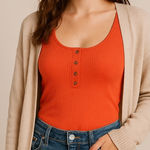 Fluer‎ de Lis Essentials Ribbed Henley Tank Top Orange M Scoop Neck Stretchy Size M Photo 0