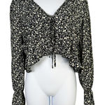 SheIn Black Cottagecore Boho Floral Ruffle Tie Front Crop Top V Neck Blouse L Photo 0