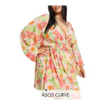 ASOS Curve Floral Soft Shirred Waist Mini Dress Peach Floral Women Plus Size 26 Pink Photo 10