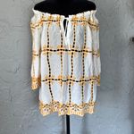 White and Gold Embroidered Women's Top with eyelets off the shoulder blouse cute Size 10 Photo 6