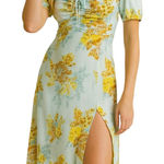 Anthropologie  The Vineyard Floral Satin Midi Dress Blue Yellow Puff Sleeve sz 4 Photo 0