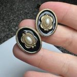 1928 Brand Gold Tone Black Enamel Faux Pearl Pierced Stud Earrings Photo 2