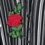 Embroidered tunic Black and White Striped Blouse Red rose Accent button up Size L Photo 3