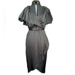 Entro Black Satin Bubble Puff Sleeves Faux Wrap Dress High Low Hem Belt‎ Midi S Photo 1
