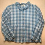 Madewell Ruffle Neck Top Colwell Plaid Medium Blue & White Photo 2