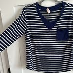 Hailey & Co. Women's S Long Sleeve V Neck Pocket Tee Blue White Stripe Nautical Photo 2