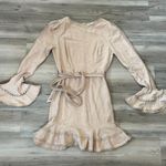 Saints + Secrets Hello Molly Short Linen Dress, bell sleeves, crochet detail, pit to pit is 17, waist is 14, length is 33 Tan Size M Photo 0