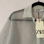 ZARA NWT  Sparkle Beaded Pearl Silver Short Sleeve Button Down Shirt Small Medium Photo 2