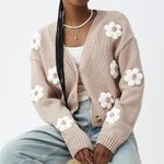 Luna Ivy Women’s 3D Flower Knit Cardigan Sweater Cropped Coquette in Cream S Pink Photo 0