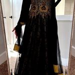 Embroidered party wear Indian long gown anarkali kurta 3 piece set Black Photo 12