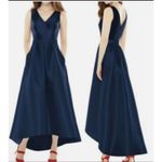 Alfred Sung Midnight Blue V Neck High Low Sleeveless Belted Satin Gown D723S 14R Photo 1