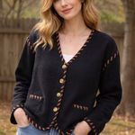 Vintage Lucia Black 100% Wool Cardigan Jacket Whipstitch Trim Button Front Cozy Size L Photo 3