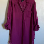 Iz Byer 🌞 Sheer Maroon V Neck 3/4 to Long Sleeve Portofino Blouse Photo 0