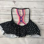 California Waves  Juniors Dot Flounce Macramé Bikini Top Size M Black Strappy New Photo 0