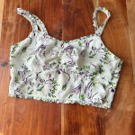 Topshop US 2 Light Yellow Crop Top Ruffle Strap Tank Purple Floral Vine Photo 1
