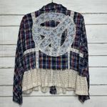 POL  Plaid Peace Patchwork Lace Button-Up Shirt Blue Boho Cottagecore Small Photo 2
