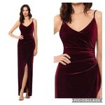 Betsy and Adam draped burgundy velvet gown long side slit 4 Photo 1