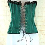 Overbust Corset Womens L Green Satin Black Trim Boned Halloween Cosplay Goth Size L Photo 3
