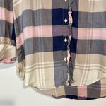 Aerie  Women’s Long Sleeve Ruffle Plaid Button Down Shirt Pink Tan Size Small EUC Photo 2
