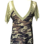 POL  Top Green Camouflage Print V-Neck Sheer Short Sleeves T-Shirt Womens Small Photo 0