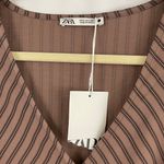 ZARA New  Ruffled Ruched Dress V-Neck Short Sleeve Midi Brown Stripe Photo 13