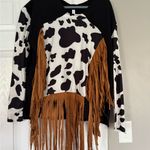 Reworked Clothing Cow Print Fringe Long Sleeve Top Rodeo Western Cowgirl Black Photo 1