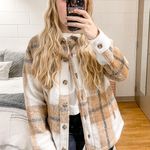 Avec Les Filles NWT  Plaid Brown White Tan Plaid Oversized Shacket Shirt Jacket Photo 0