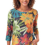Multiples  Colorful Floral Textured 3/4 Sleeve Round Neck Pullover Blouse Size M Photo 0