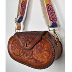 Vintage 1970s Tooled Leather Floral Crossbody Bag with Embroidered Strap Brown Photo 5