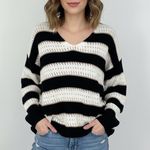 Striped Open Knit Sweater V Neck Black Cream Lightweight Size L Size L Photo 6