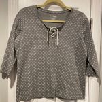 L.L.Bean Size S Gray Cream Print Cotton Lace Up Henley Tee Shirt 3/4 Sleeve Photo 0
