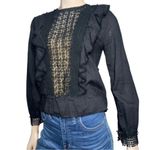 Love Sam  Women’s S Black Long Sleeve Cotton Voile Ruffle Front Embroidered Top Photo 1