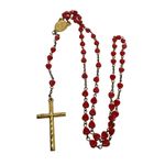 Vintage 1980 Heart Beads Rosary Necklace Gold Tone Religious Cross Pendant *read Red Photo 4