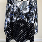 Susan Lawrence 1X Black Blue Paisley Polka Dot Mid Length Sleeve Plus Size Top Photo 0