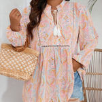 SheIn Peacock Pattern Print Tie Neck Lantern Sleeve Blouse Peplum Top Photo 0