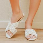 Lulus  Dallyce Ivory White Satin Ruched Cross Slide Sandals 7.5 Photo 0