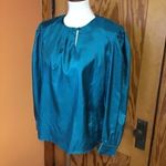 Vintage Teal Satin Blouse | Long Sleeve Keyhole Neckline Draped Top Size 8 Photo 6