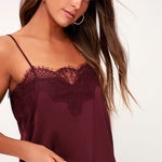 Lulus Lulu’s Women's Maddox Burgundy Satin Eyelash Lace Adjustable Straps Cami XL Photo 0