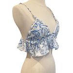 Resa Bralette Crop Top With Frill Hem In White & Blue Print Photo 3