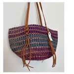 NWT Handwoven Purple & Teal Boho Retro Tote Bag with Leather Straps tassels Photo 2