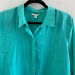 Eileen Fisher Turquoise 100% Organic Irish Linen Button Down Shirt Size Medium Photo 3